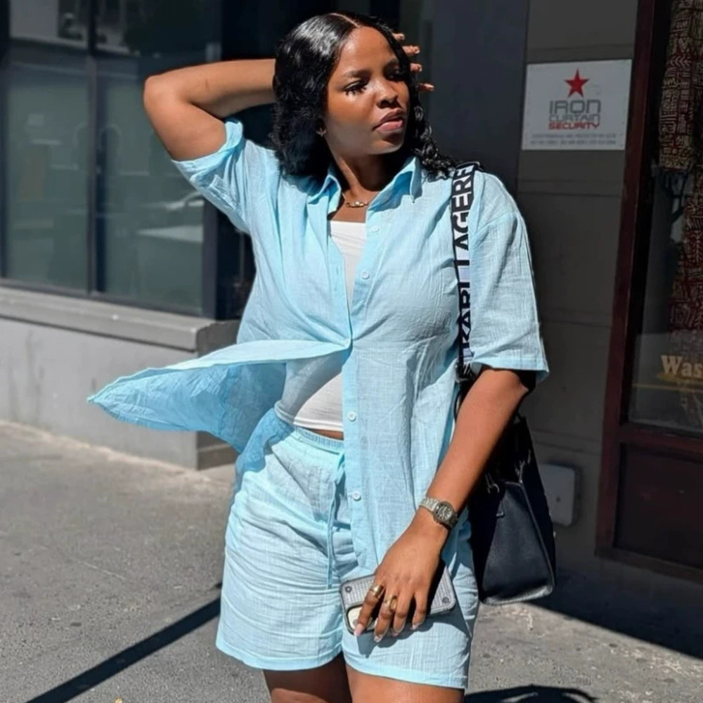 ZARA Women Solid Color Collar Shirt Shorts Set Work Casual African Style Loose